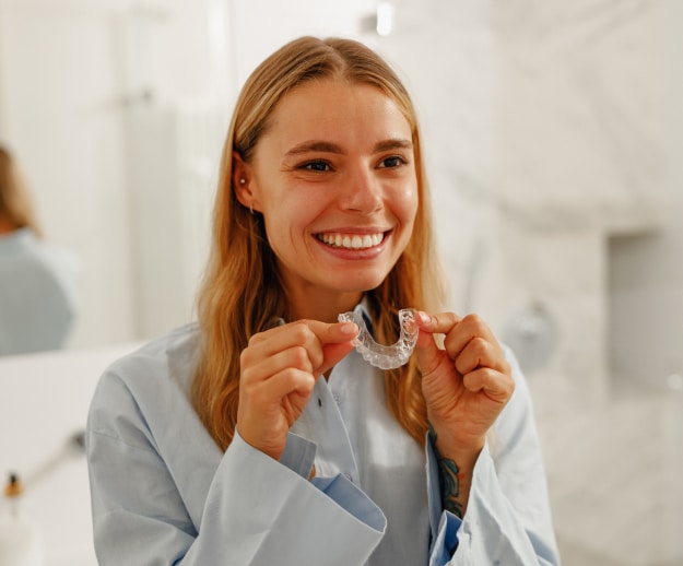 Woman holding an Invisalign clear aligner at Westinghouse Dental in Georgetown, TX